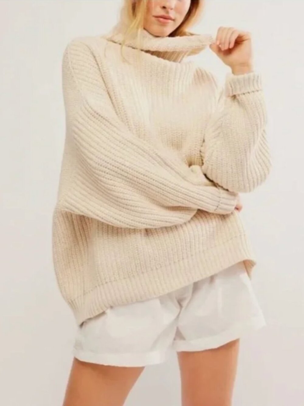 Free People Swim Too Deep Oversize Turtleneck Sweater Cream Beige Size Medium